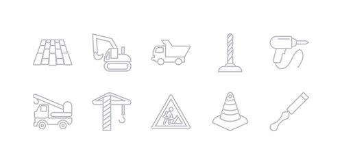 simple gray 10 vector icons set such as chisel, cone, construction, crane, crane truck, drill, driller. editable vector icon pack