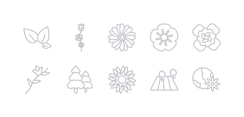 simple gray 10 vector icons set such as eco globe, field, flower, forest, freesia, gardenia, geranium. editable vector icon pack