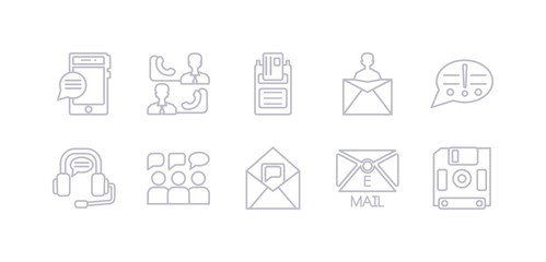simple gray 10 vector icons set such as diskette, email, envelope, feedback, headset, info, letter. editable vector icon pack