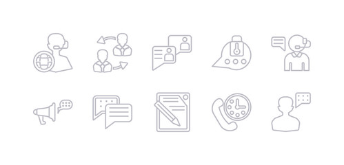 simple gray 10 vector icons set such as speaking, time call, write, chat bubble, announcement, call center, chat. editable vector icon pack