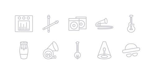 simple gray 10 vector icons set such as double bass, music spotlight, banjo, french horn, conga, acoustic guitar, trombone. editable vector icon pack