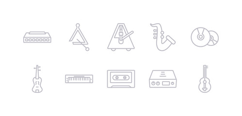 simple gray 10 vector icons set such as guitar, amplifier, cassette, music keyboard, violin, cd, saxophone. editable vector icon pack