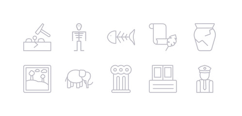 simple gray 10 vector icons set such as security guard, archivist, ancient, mammoth, artwork, ancient jar, papyrus. editable vector icon pack
