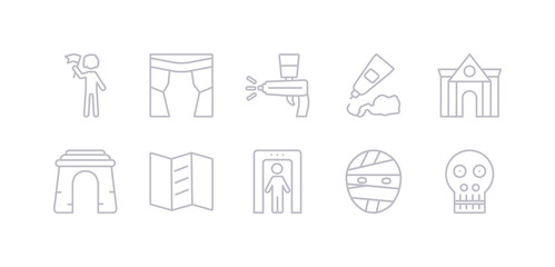 simple gray 10 vector icons set such as anthropology, mummy, metal detector, trifold, arc, museum building, acrylic. editable vector icon pack