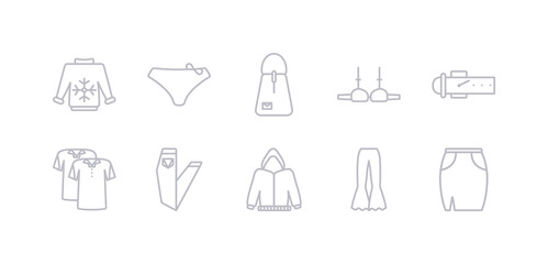 simple gray 10 vector icons set such as skirt, trousers, hoodie, jeans, polo shirt, belt, bra. editable vector icon pack