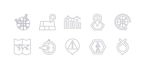 simple gray 10 vector icons set such as unavailable location, walking, warning, west, world map folded, worldwide, you are here. editable vector icon pack