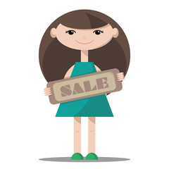 Cute isolated girl with brown hair in an aquamarine dress and green shoes holding a wooden sale sign. White background. Flat cartoon style illustration. Vector.