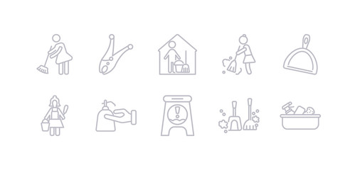 Fototapeta premium simple gray 10 vector icons set such as cleaning tools, dust, wet floor, hand soap, charwoman, dust pan, sweep. editable vector icon pack