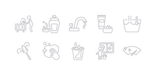 simple gray 10 vector icons set such as wiper, window cleaner, liquid, wiping, feather duster, hot water, cream. editable vector icon pack