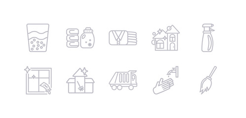 simple gray 10 vector icons set such as duster, hand wash, garbage truck, cleaning house, cleaning window, cleaning spray, clean. editable vector icon pack