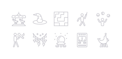 simple gray 10 vector icons set such as circus seal, claw machine, crystal ball, decoration, fire eater man, juggler, knife throwing. editable vector icon pack