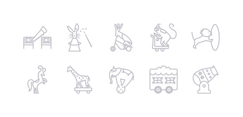 simple gray 10 vector icons set such as circus canon, circus car, circus elephant, giraffe, horse, lion, monkey. editable vector icon pack