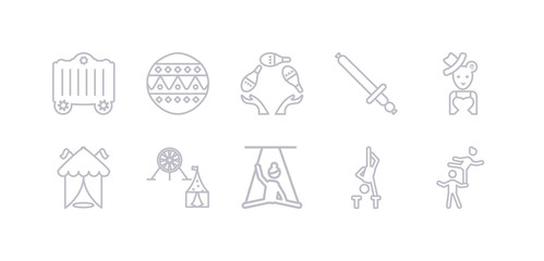 simple gray 10 vector icons set such as acrobat, acrobatics, aerialist, amusement park, arena, assistant, balloon sword. editable vector icon pack