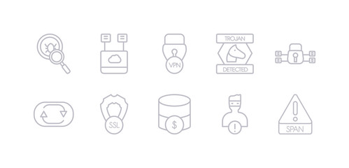 simple gray 10 vector icons set such as spam, spyware, sql, ssl, sync, traffic encryption, trojan. editable vector icon pack