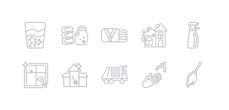 Simple Gray 10 Vector Icons Set Such As Duster, Hand Wash, Garbage Truck, Cleaning House, Cleaning Window, Cleaning Spray, Clean. Editable Vector Icon Pack