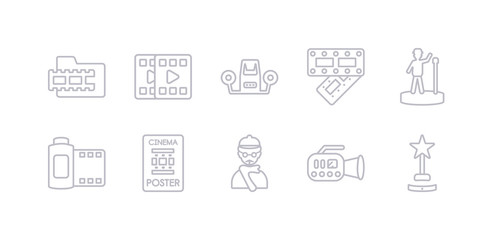 simple gray 10 vector icons set such as film award, film camera, film director, poster, roll, star, strip. editable vector icon pack