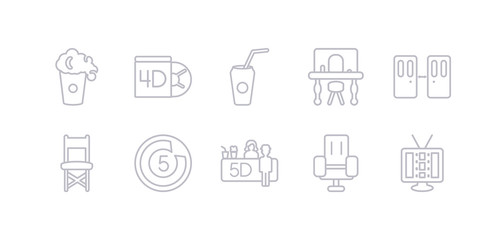simple gray 10 vector icons set such as cinema screen, cinema seats, cinema snack bar, countdown, director chair, doorway, dressing room. editable vector icon pack