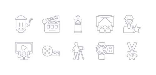 simple gray 10 vector icons set such as vip person, camera lens, cameraman, cinema, cinema audience, cinema celebrity, curtain. editable vector icon pack