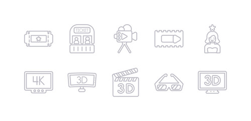 simple gray 10 vector icons set such as 3 dimension screen, 3d glasses, 3d movie, 3d television, 4k, actress, animation. editable vector icon pack