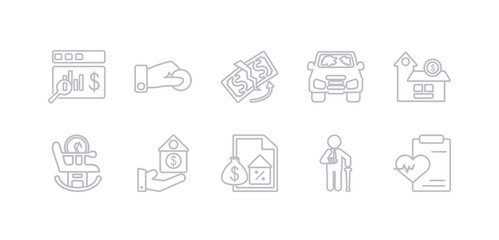 simple gray 10 vector icons set such as wellness, wounded, mortgage, protection, retirement, savings, total loss. editable vector icon pack