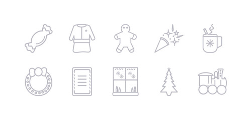 simple gray 10 vector icons set such as christmas train, christmas tree, christmas window, wishlist, wreath, cocoa, confetti. editable vector icon pack