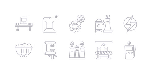 simple gray 10 vector icons set such as gasoline pump, assembly line, chimney, clamp, coal, electricity, factory. editable vector icon pack