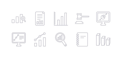 simple gray 10 vector icons set such as 3d location graph, agenda, analysis, analytic visualization, analytics, analytics monitor, auction. editable vector icon pack