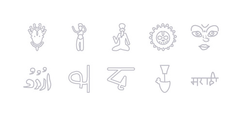 simple gray 10 vector icons set such as marathi language, yakshagana, bengali language, tamil language, urdu, navratri, ratha-yatra. editable vector icon pack