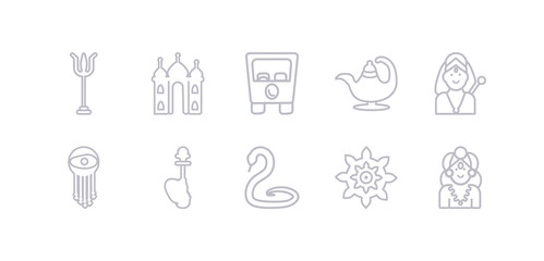 simple gray 10 vector icons set such as alamelu, chakra, cobra, hookah, indian, indra, oil lamp. editable vector icon pack