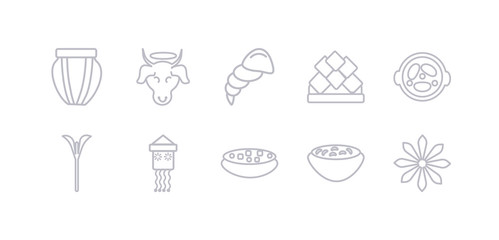 simple gray 10 vector icons set such as anise, curry, tikka masala, kandeel, trisul, malai kofta, lotus temple. editable vector icon pack