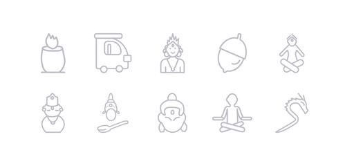 simple gray 10 vector icons set such as kali, guru, krishna, saraswati, kartikeya, lakshmi, nut. editable vector icon pack