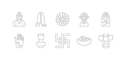 simple gray 10 vector icons set such as indian cow, laddu, swastica, indian vase, henna painted hand, gnostic, hanuman. editable vector icon pack