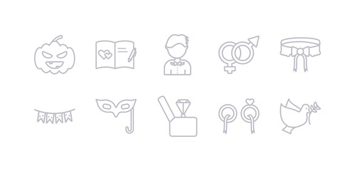 simple gray 10 vector icons set such as dove, engagement, engagement ring, eye mask, garland, garter, genders. editable vector icon pack