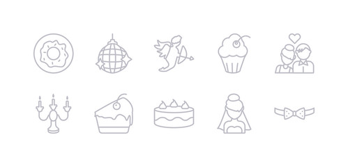 simple gray 10 vector icons set such as bow tie, bride, cake, cake slice, candelabra, couple, cupcake. editable vector icon pack