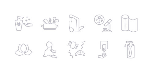 simple gray 10 vector icons set such as soap dispenser, microbes, drying hands, purity, paper towel, pathogen, food hygiene. editable vector icon pack