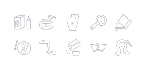 simple gray 10 vector icons set such as lather, powder, scrub up, varnish, detergent dose?, parasite, lotion. editable vector icon pack