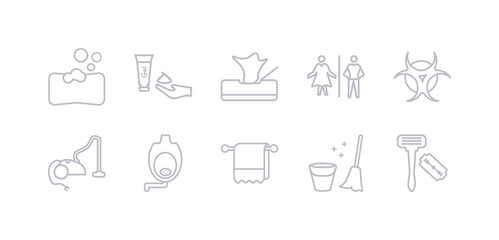 simple gray 10 vector icons set such as sanitary, towel, urinal, vacuum, virus, wc, wipes. editable vector icon pack