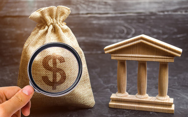A bag with dollar money and a bank or government building. Deposits, investment in the budget. Grants and subsidies. Payment of taxes. Central bank. Credit tranches and leases. Debt repayment.