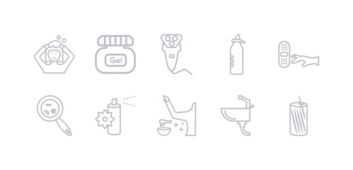 simple gray 10 vector icons set such as washbowl, wax, air freshener, bacteria, bandage, bottle, electric shaver. editable vector icon pack