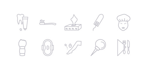 simple gray 10 vector icons set such as nasal aspirator, pedicure, sanitary napkin, shaving brush, shower cap, tampon, tissue. editable vector icon pack