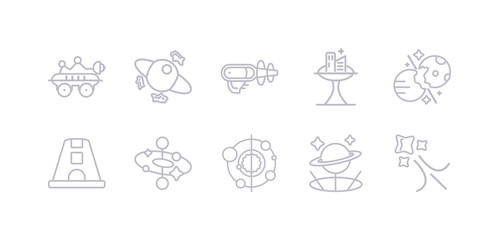 simple gray 10 vector icons set such as shooting star, simulator, solar system, space, space capsule, space collision, colony. editable vector icon pack