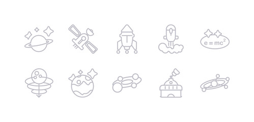 simple gray 10 vector icons set such as orbit, planetarium, planets, pluto, quasar, relativity, rocket launch. editable vector icon pack
