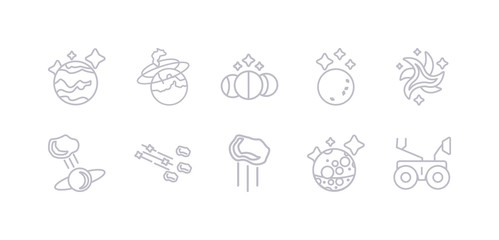 simple gray 10 vector icons set such as mars rover, mercury, meteor, meteor shower, meteorite, milky way, moon. editable vector icon pack