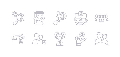 simple gray 10 vector icons set such as dialogue, earnings, emotions, employee, fi, group, hierarchical structure. editable vector icon pack