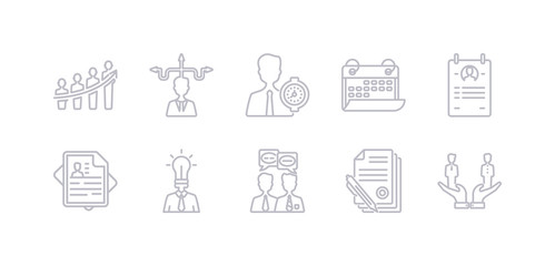 simple gray 10 vector icons set such as compare, contract, conversation, creativity, curriculum, curriculum vitae, date. editable vector icon pack