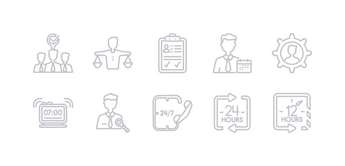 simple gray 10 vector icons set such as 12 hours, 24 hours, 24/7, administrator, alarm, appearance, appointment. editable vector icon pack