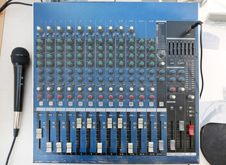 Sound levels on a professional audio mixer with microphone, Music control panel.