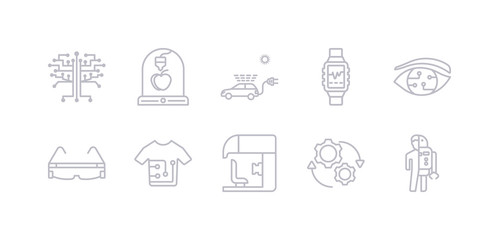 simple gray 10 vector icons set such as robots and humans, rotation, sensorama, smart clothing, smart glasses, smart lens, smartwatch. editable vector icon pack
