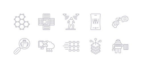 simple gray 10 vector icons set such as laws of robotics, layers, match moving, memory transfer, microbots, mind transfer, mobile flexible display. editable vector icon pack