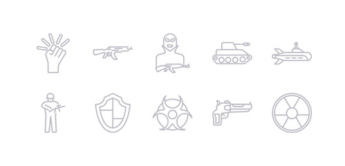 simple gray 10 vector icons set such as nuclear, pistol, radiation, shield, soldier, submarine, tank. editable vector icon pack